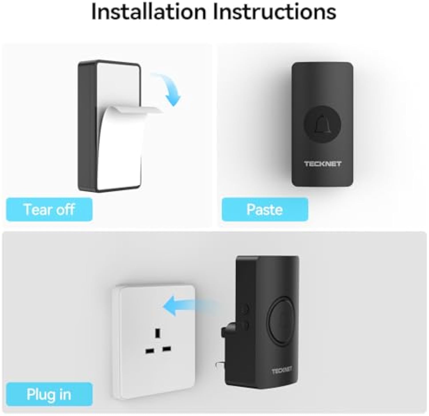 TECKNET Wireless Doorbell, Plug in Door Bells Cordless IP65 Waterproof Door Chime
