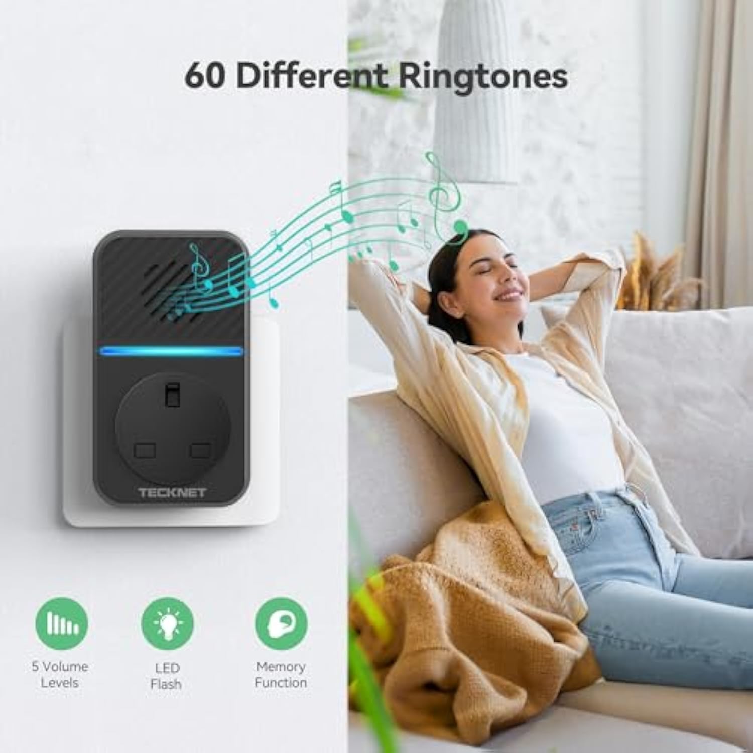 TECKNET Plug Through Wireless Doorbell with AC/USB Sockets