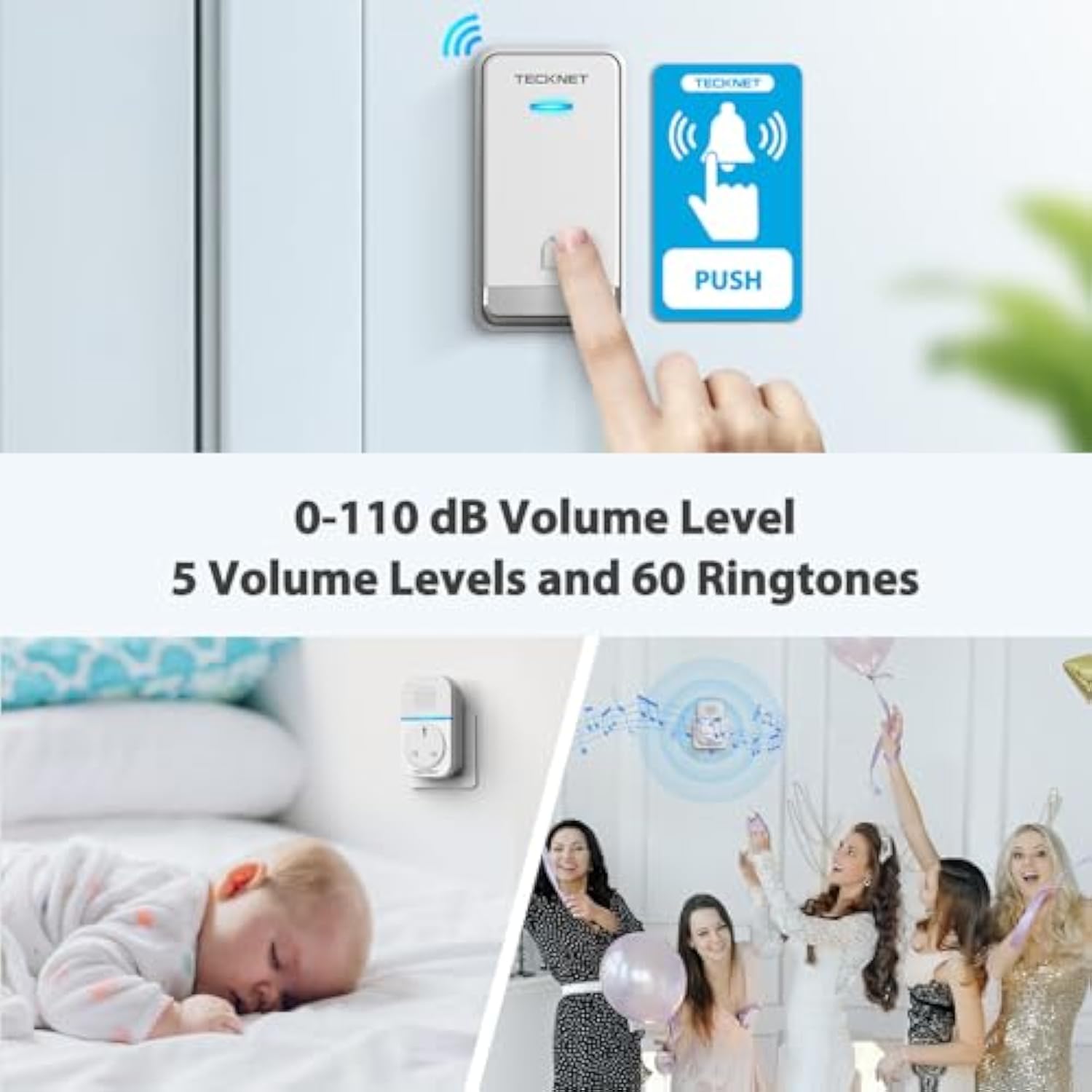 TECKNET Self-Powered Doorbell with 3 Receivers, IP65 Waterproof 1300ft Wireless Doorbell with 60 Chimes