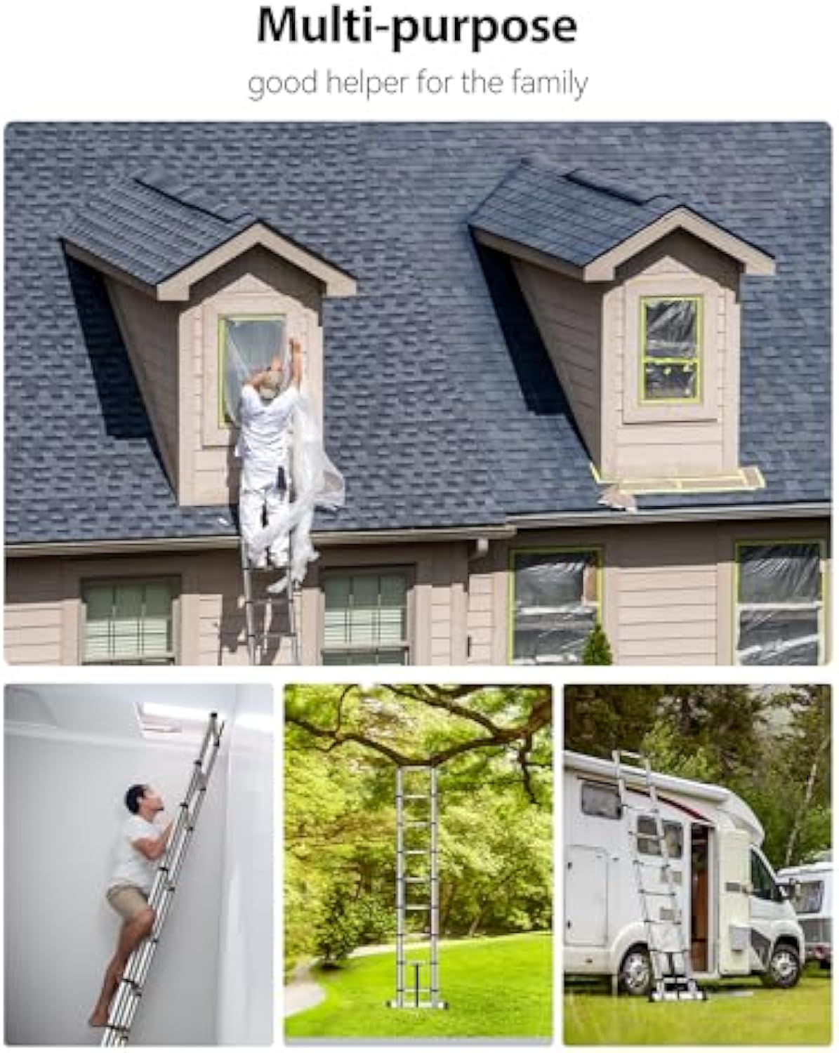 TECKNET Telescopic Ladder 2.6M/8.5FT, Max Load 150kg/330lbs, Aluminium Extension Ladder with Stabilizer Bar & Detachable Hooks