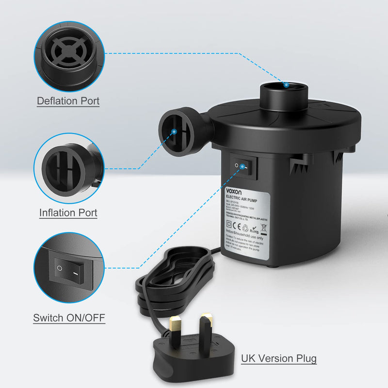 VOXON Electric Air Pump with 3 Nozzles, AC 220V-240V/130W 50Hz 3 Pin UK Plug