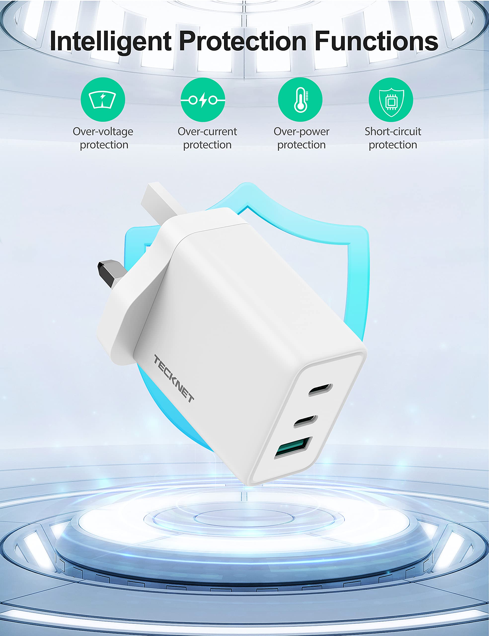 65W USB C Charger, TECKNET 3 Port GaN Type C Fast Charger Plug Adapter, PD 3.0 USB C Wall Quick Charger