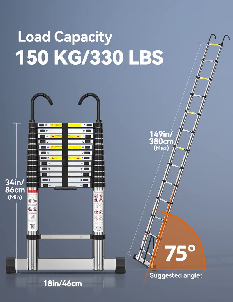 TECKNET Aluminium Extension Ladder with Stabilizer Bar, Telescopic Ladder 3.8M/12.5FT, Max Load 150kg/330lbs