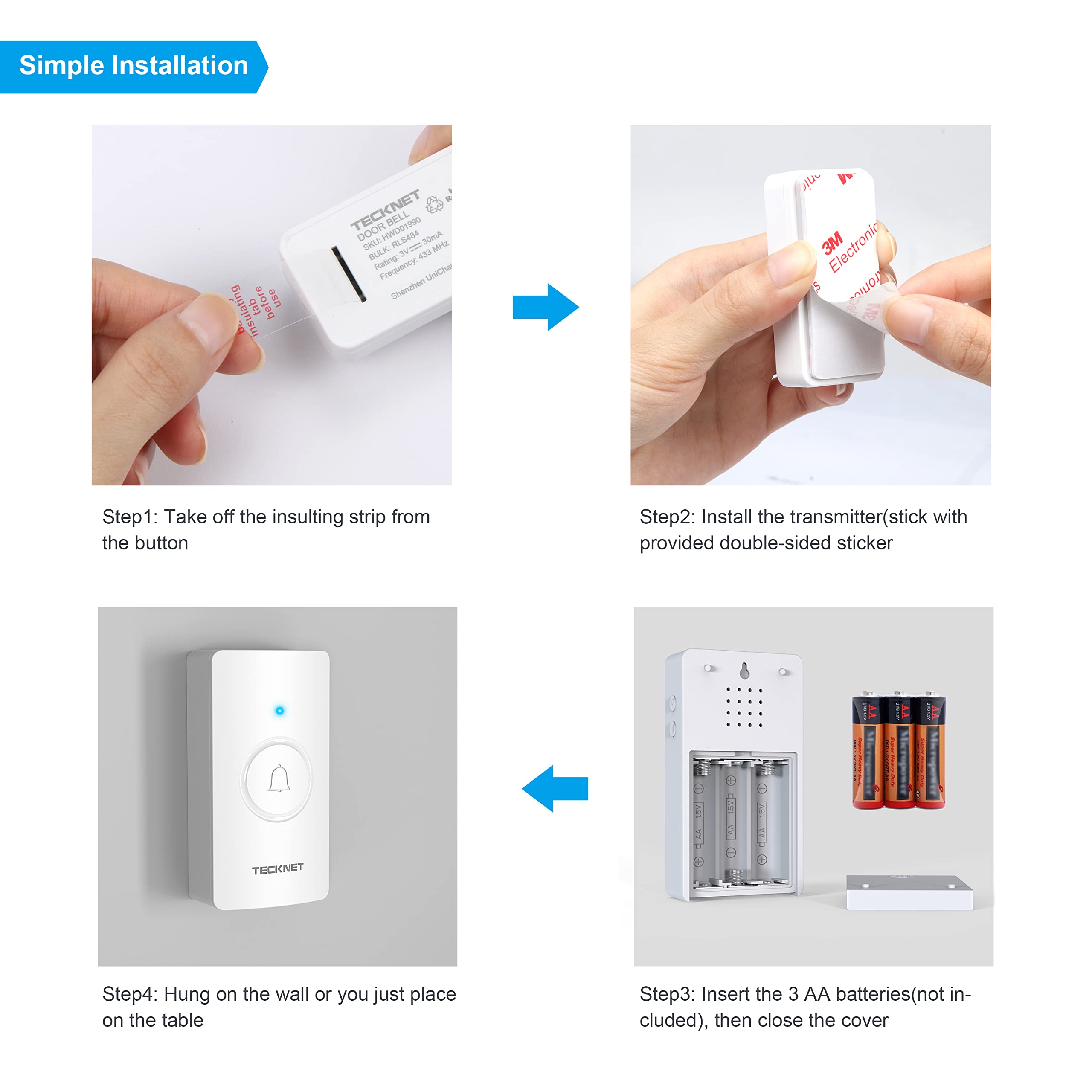 TECKNET Wireless Doorbell, Waterproof Doorbell Battery-operated Cordless Door Chime Kit with 400M Wireless Range