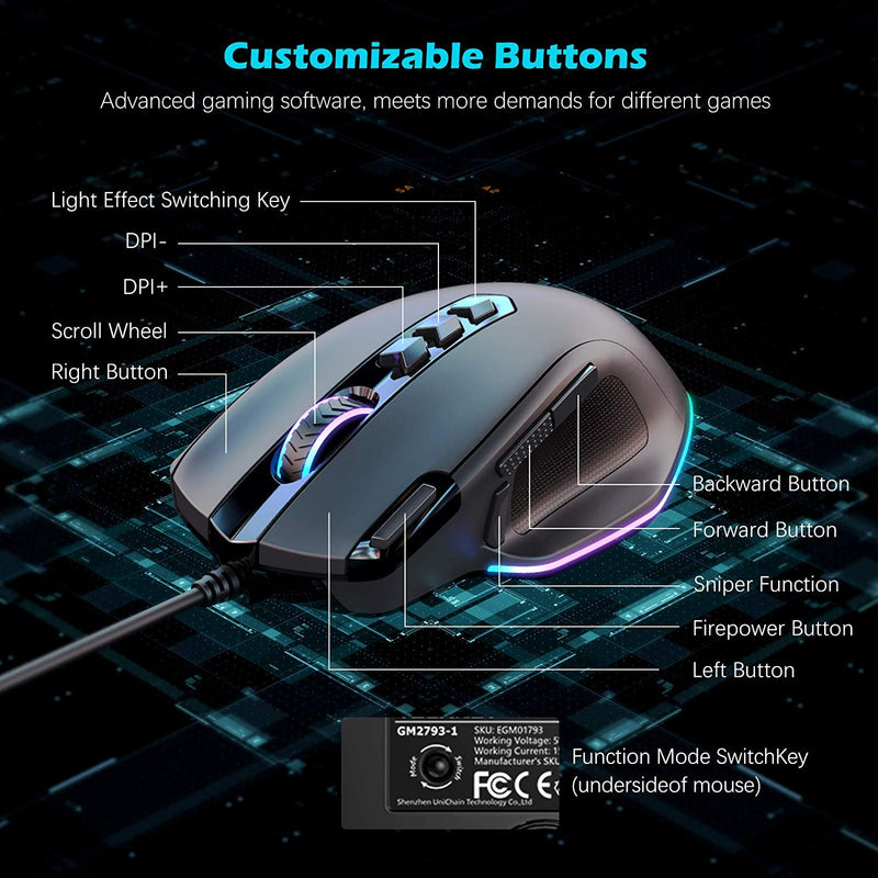 TECKNET Gaming Mouse Wired, 5 Levels DPI up to 8000, 8 RGB Modes With Programmable Buttons