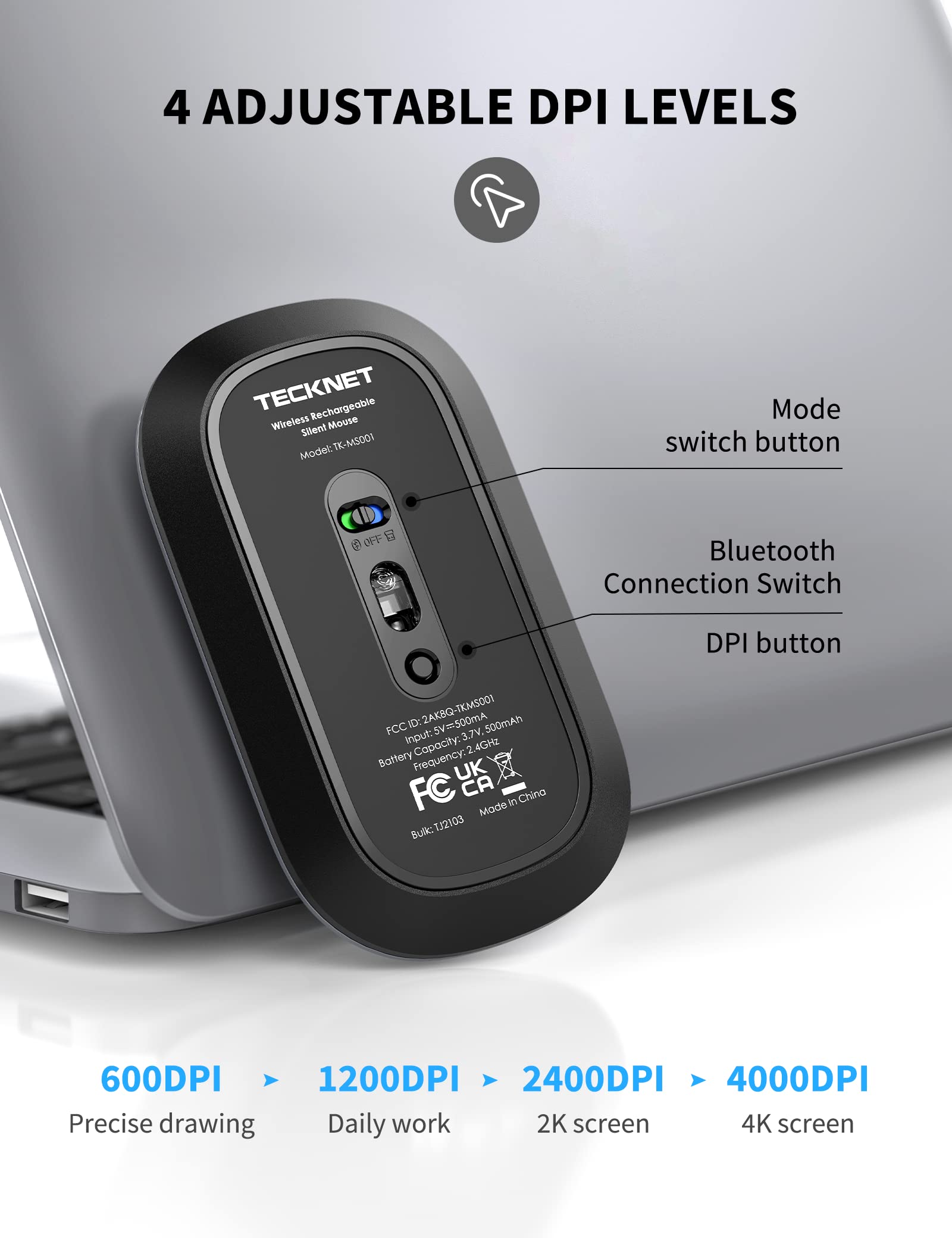 TECKNET Rechargeable Bluetooth Mouse, 3 Models 2.4G/ Bluetooth 5.0/3.0