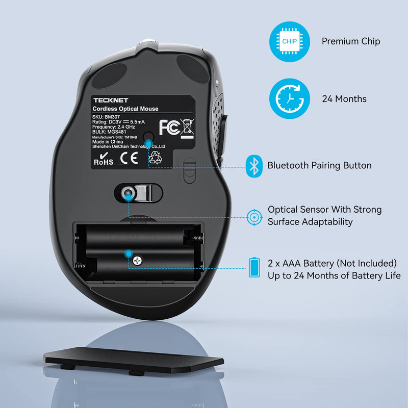 TECKNET Bluetooth Mouse, 3200DPI Adjustable Wireless Mice