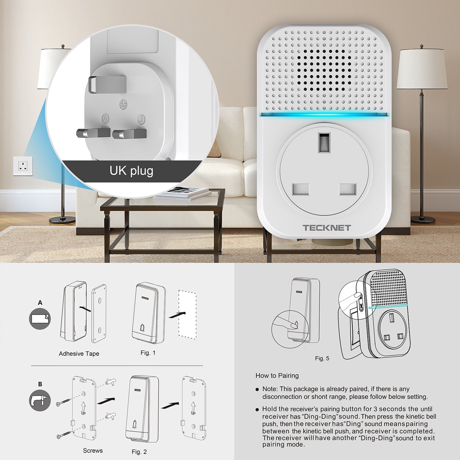 TECKNET Self-Powered Wireless Doorbell Plug in Cordless Door Chime - smartekbox