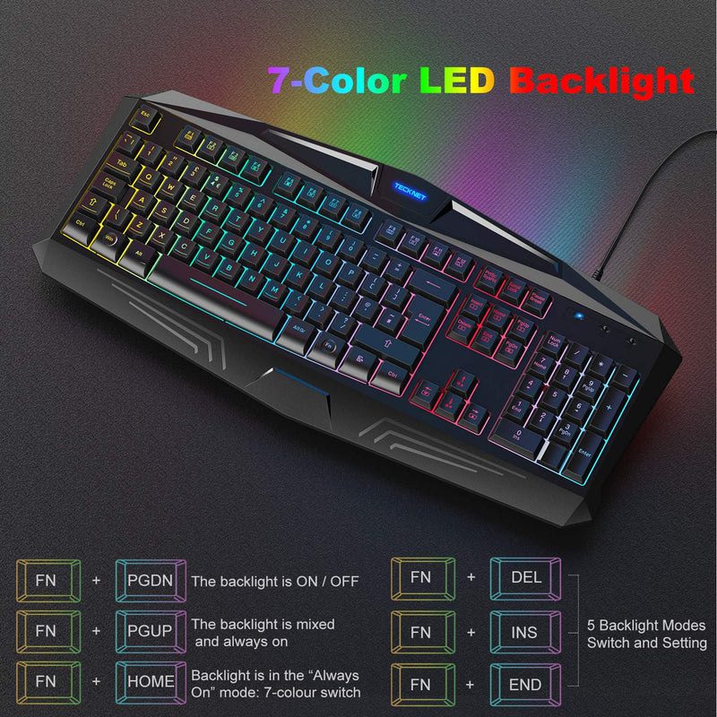 TECKNET Gaming Keyboard, Rainbow LED Backlit Mechanical Feeling USB Wired Gaming Keyboard