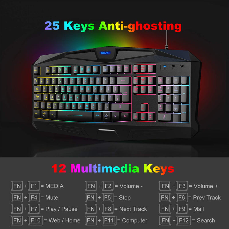 TECKNET Gaming Keyboard, Rainbow LED Backlit Mechanical Feeling USB Wired Gaming Keyboard