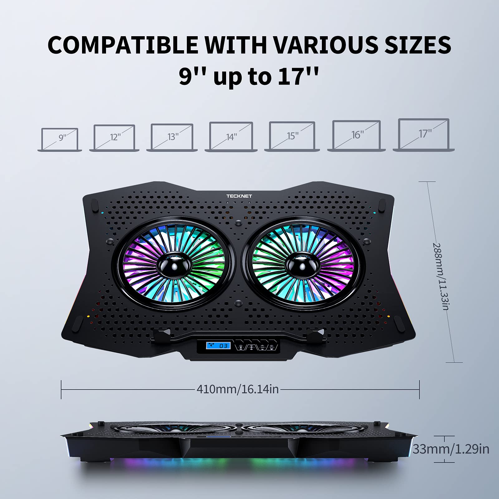 TECKNET RGB Cooling Pad,  2 High-speed Silent Laptop Fans with 2 USB Ports