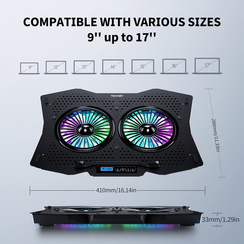 Laptop Cooler, TECKNET RGB Cooling Pad,  2 High-speed Silent Laptop Fans at 1400 RPM, 2 USB Ports