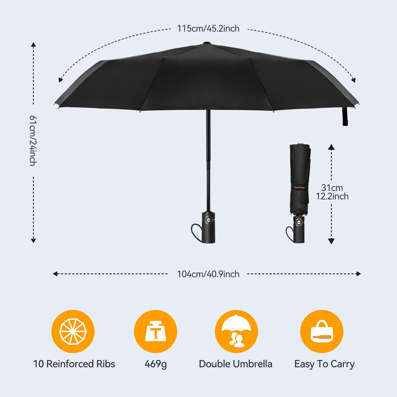 Large Windproof Umbrella, TechRise Wind Resistant Compact Travel Folding Umbrellas,  10 Ribs golf umbrella