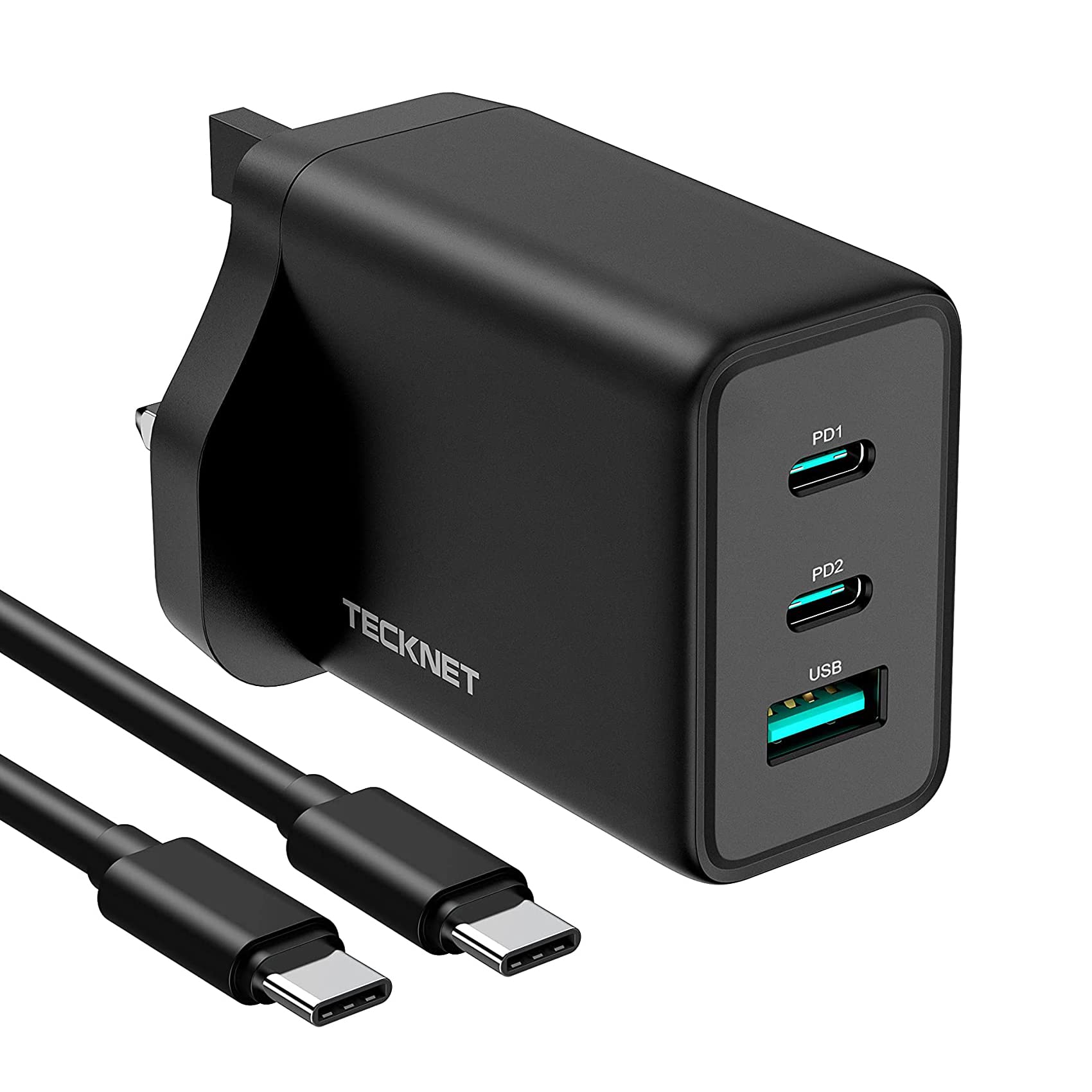 TECKNET 65W USB C Charger Plug 3-Port PD 3.0 GaN Type C Fast Wall Charger Power Adapter