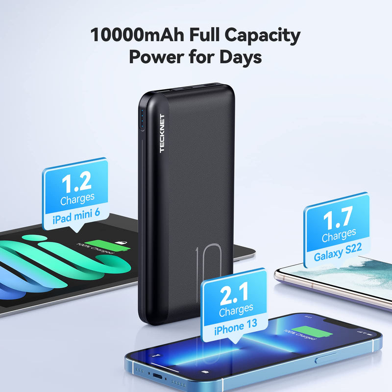 TECKNET Power Bank, 22.5W PD3.0 QC4.0 10000mAH, With 1M 60W 20V USB C Cable