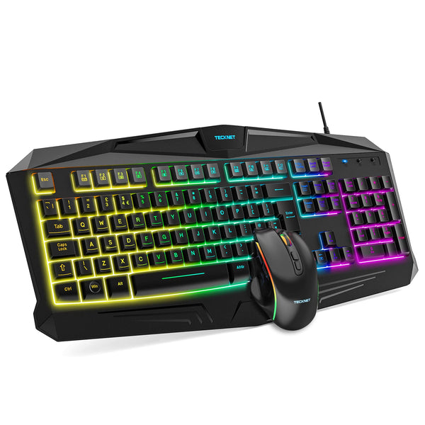 TECKNET Gaming Keyboard and Mouse Set, Rainbow LED Backlit Wired Gaming Keyboard & 6400DPI Mouse