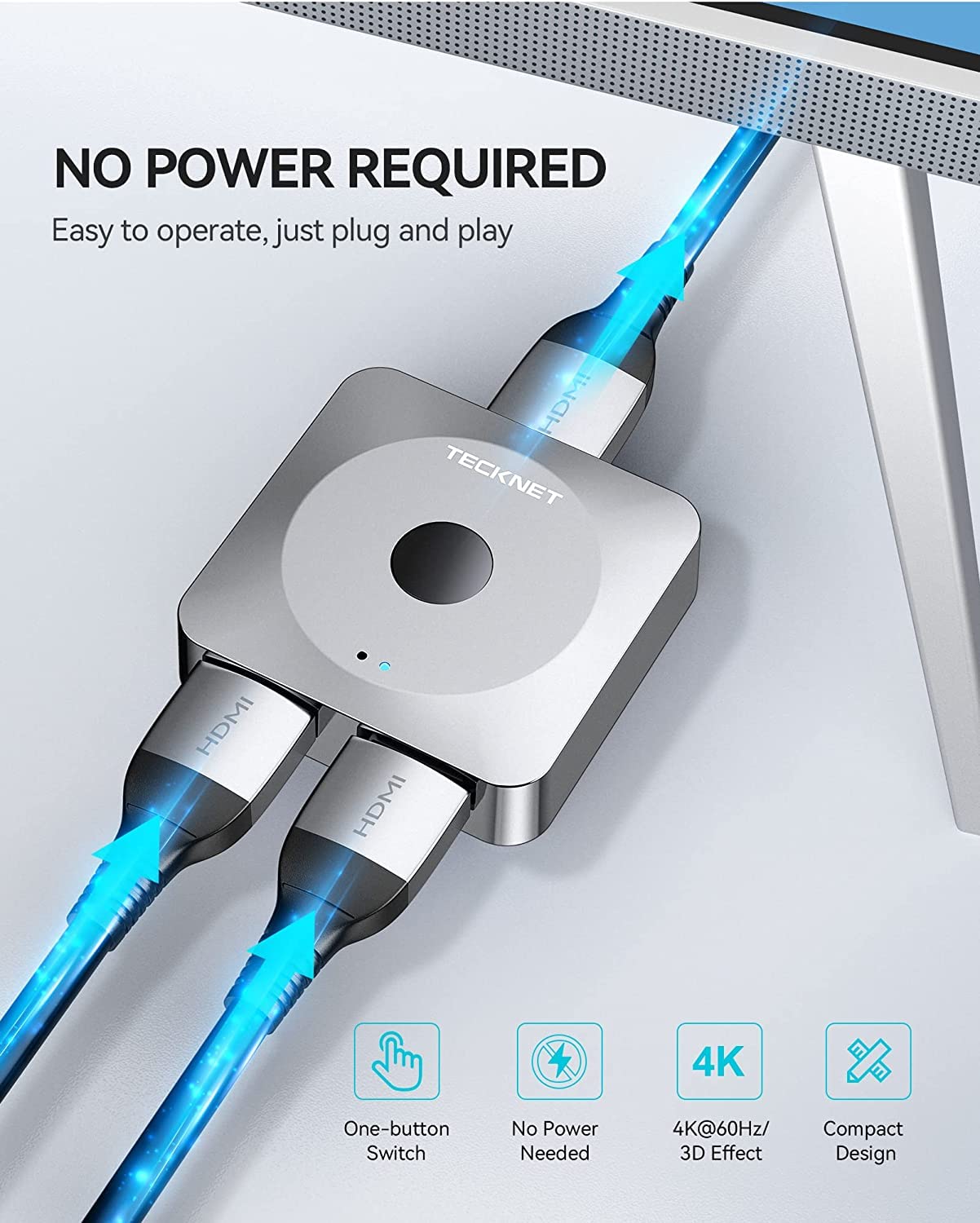 TECKNET HDMI Switch 4Kx2K@60Hz, HDMI Splitter 1 in 2 Out, Bidirectional HDMI Switcher 2 in 1 Out