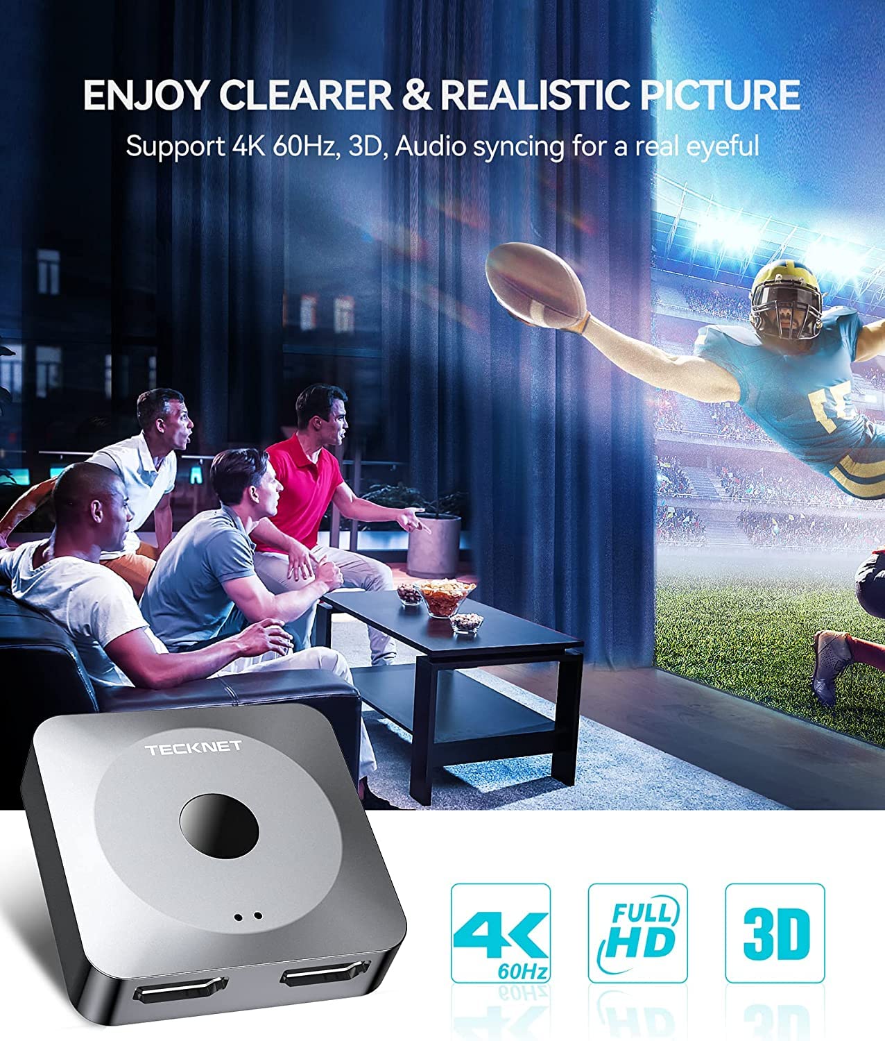 TECKNET HDMI Switch 4Kx2K@60Hz, HDMI Splitter 1 in 2 Out, Bidirectional HDMI Switcher 2 in 1 Out