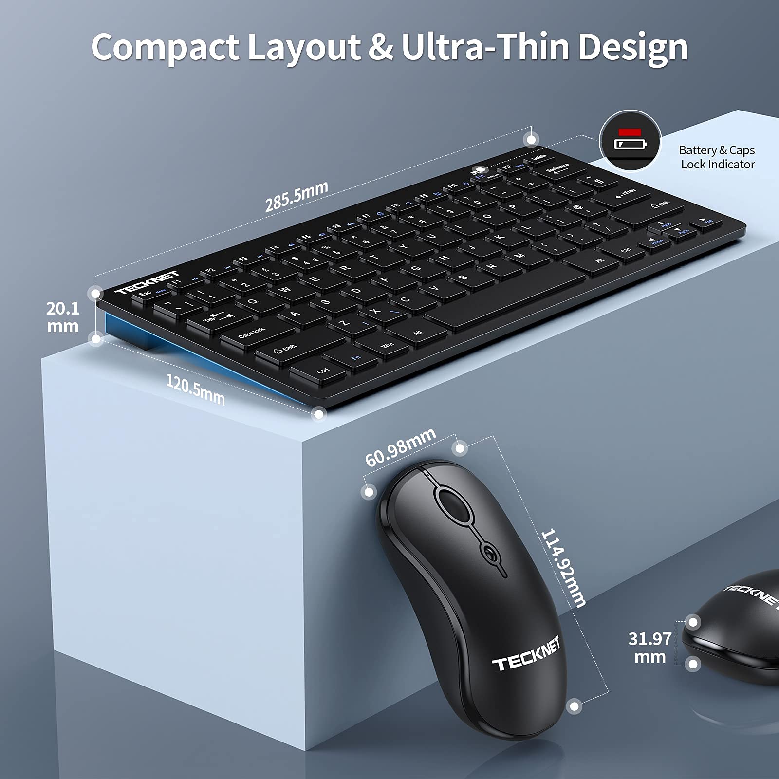 TECKNET Mini Wireless Keyboard and Mouse Set, 2.4G Cordless USB Keyboard and Silent Mouse