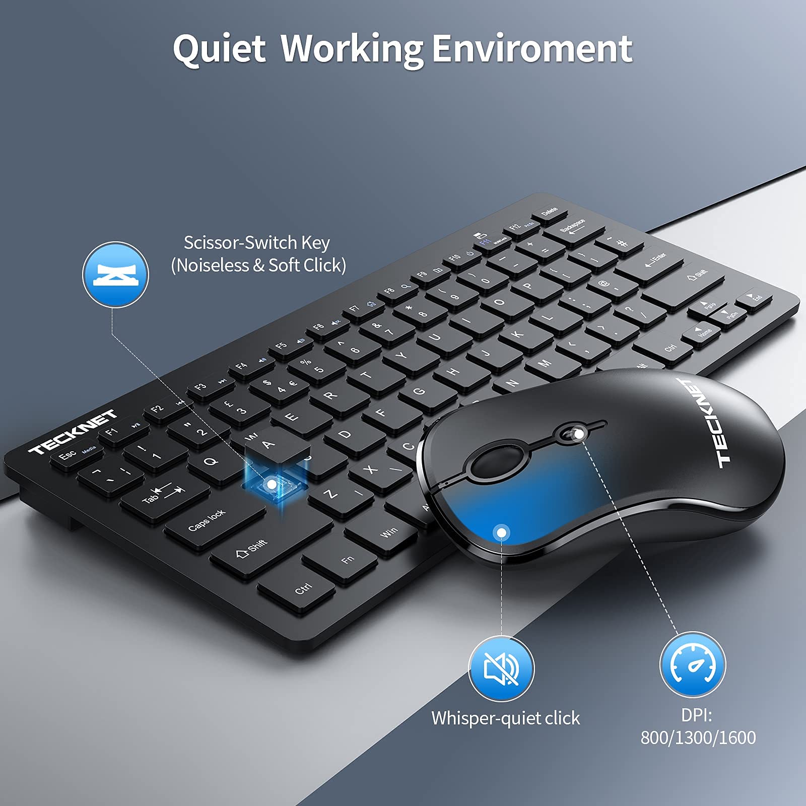 TECKNET Mini Wireless Keyboard and Mouse Set, 2.4G Cordless USB Keyboard and Silent Mouse