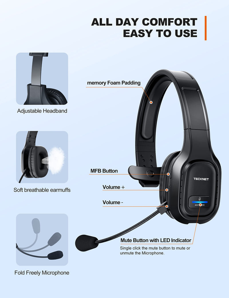 TECKNET Trucker Bluetooth Headset with Microphone Noise Cancelling, On-ear Wireless Headphone
