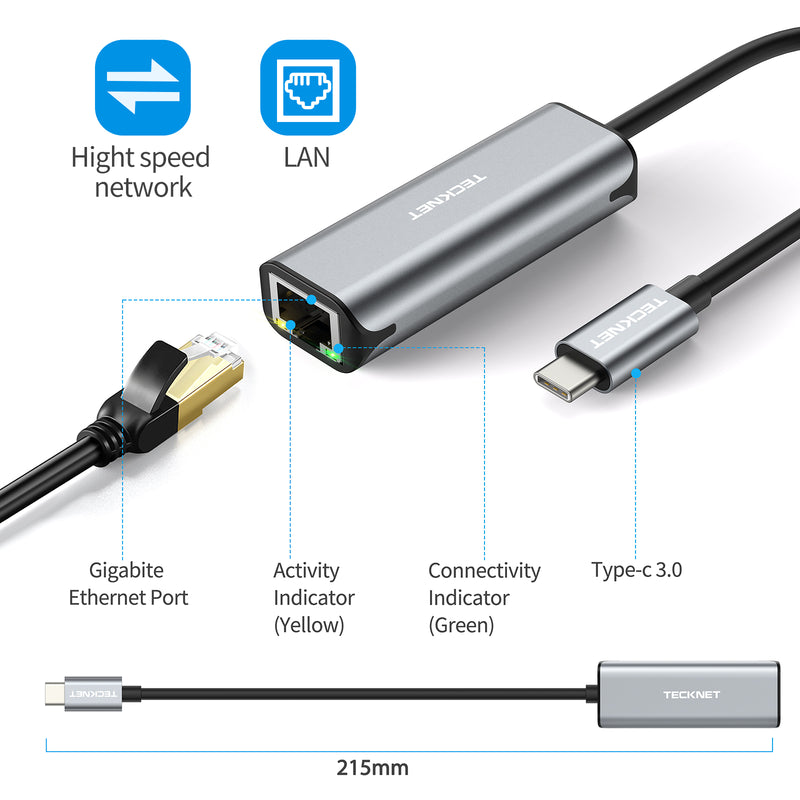 TECKNET USB C to Ethernet Adapter USB Type C to RJ45 10/100/1000Mbps Network LAN Wired Ethernet Adapter