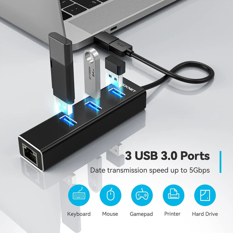 TECKNET USB C Hub with Ethernet Adapter, 3 USB 3.0 Aluminum Port with RJ45 10/100/1000 Gigabit Converter