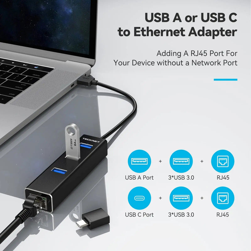 TECKNET USB C Hub with Ethernet Adapter, 3 USB 3.0 Aluminum Port with RJ45 10/100/1000 Gigabit Converter