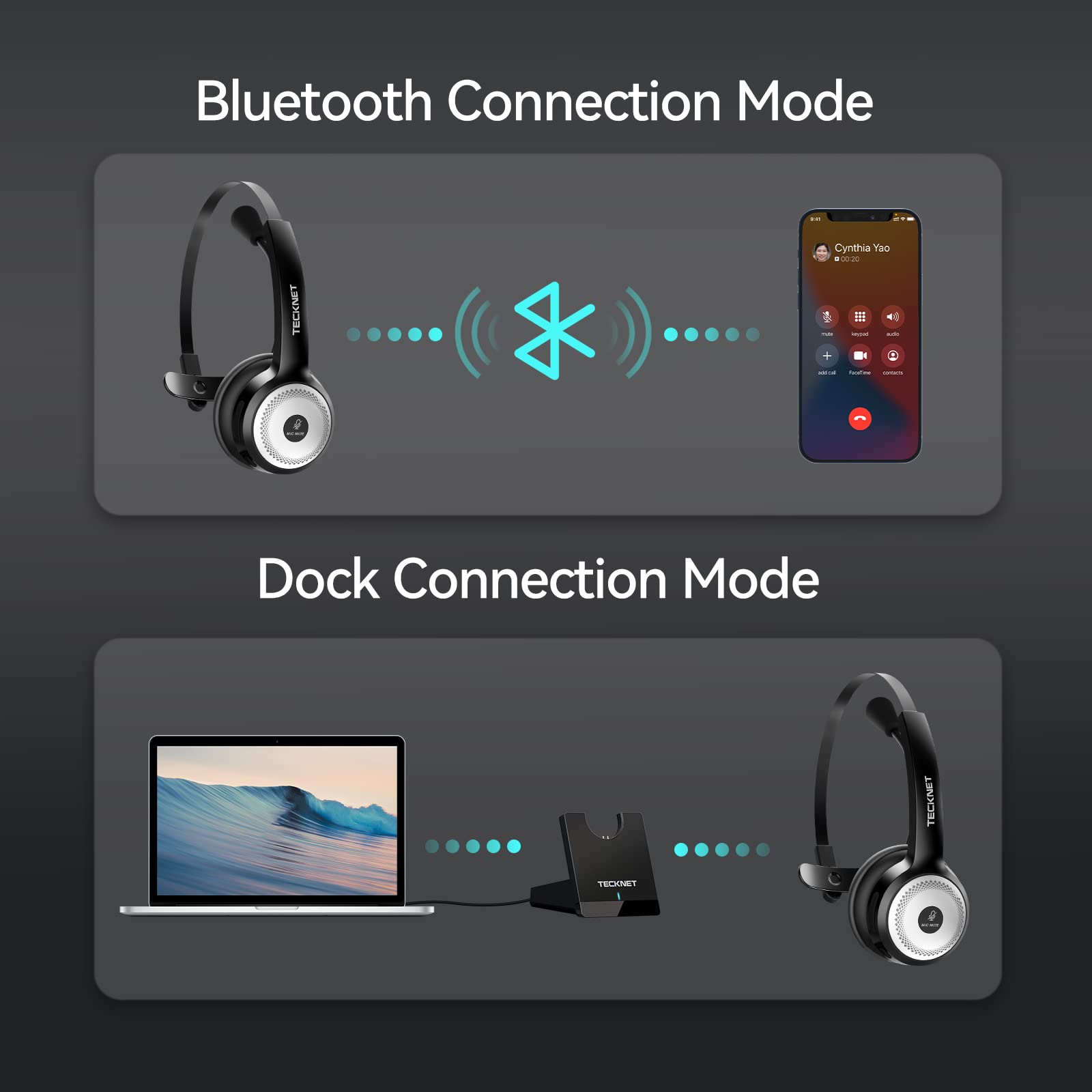 TECKNET Noise Cancelling Bluetooth Headphones with Microphone, Bluetooth 5.0 Call Center Headset