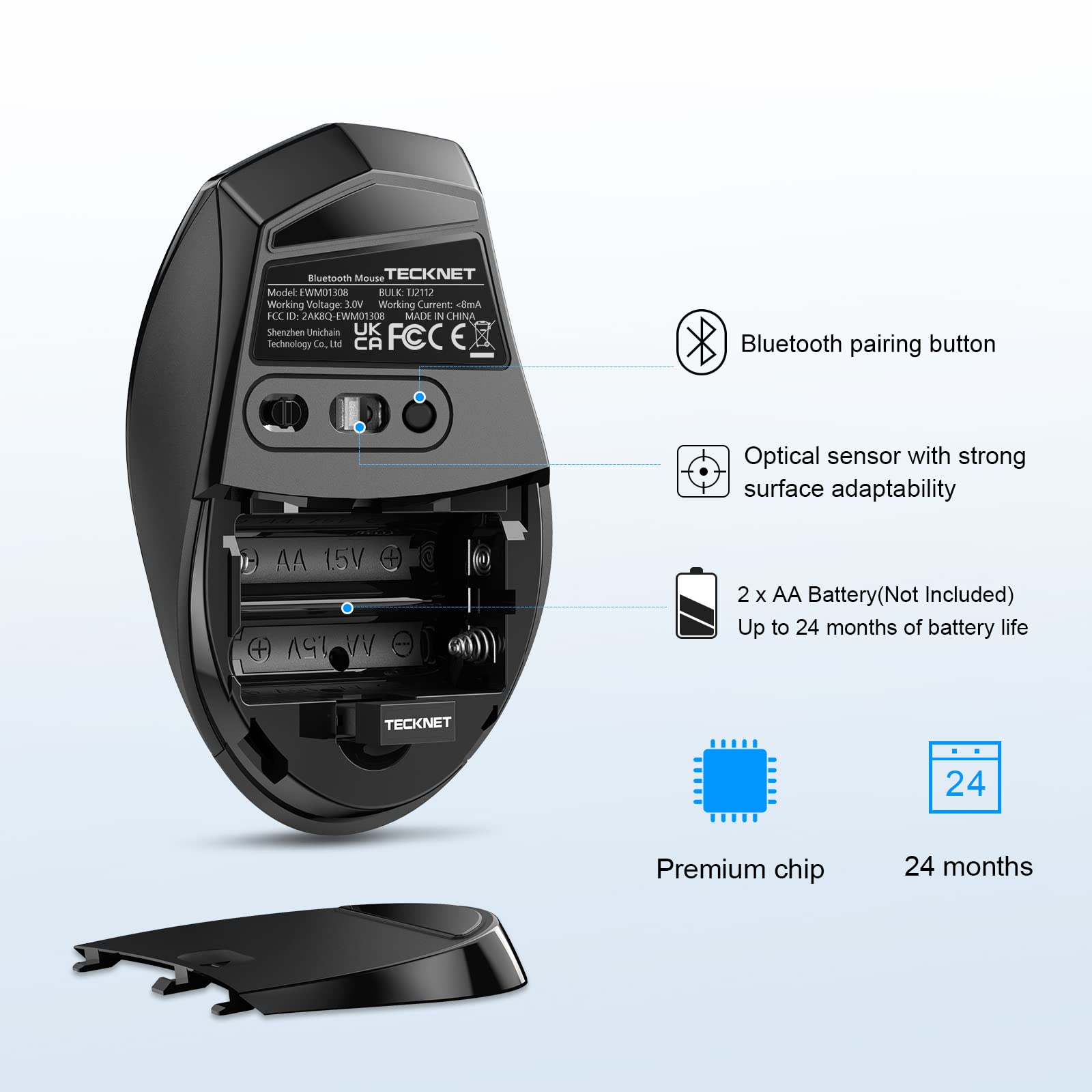 Tecknet Mouse Size TECKNET Bluetooth Mouse, 3200DPI Wireless Mouse, Portable Cordless Mic