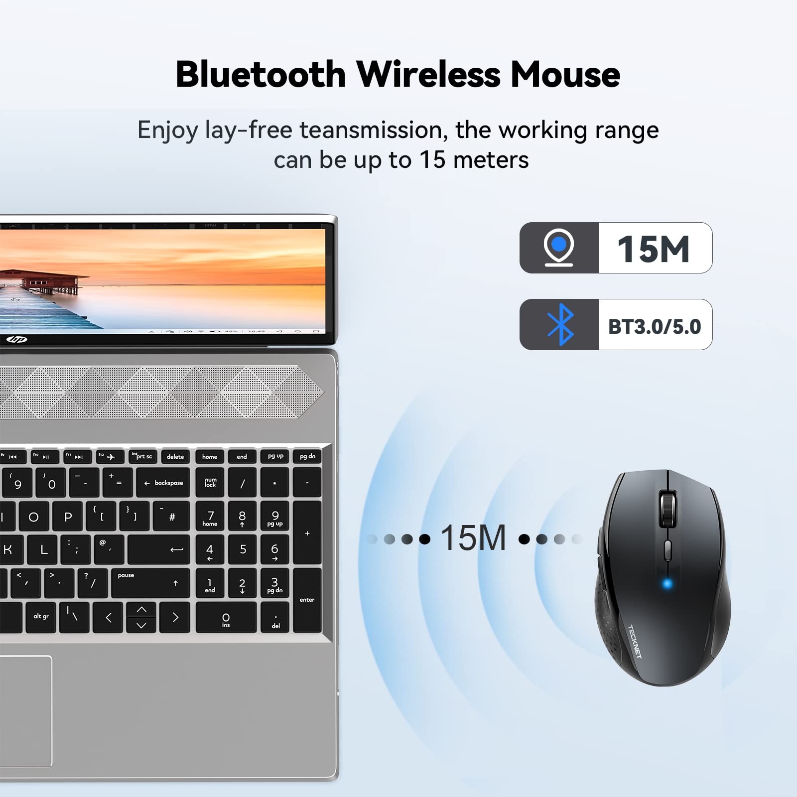 TECKNET Bluetooth Mouse, 3200DPI Wireless Mouse, Portable Cordless Mice