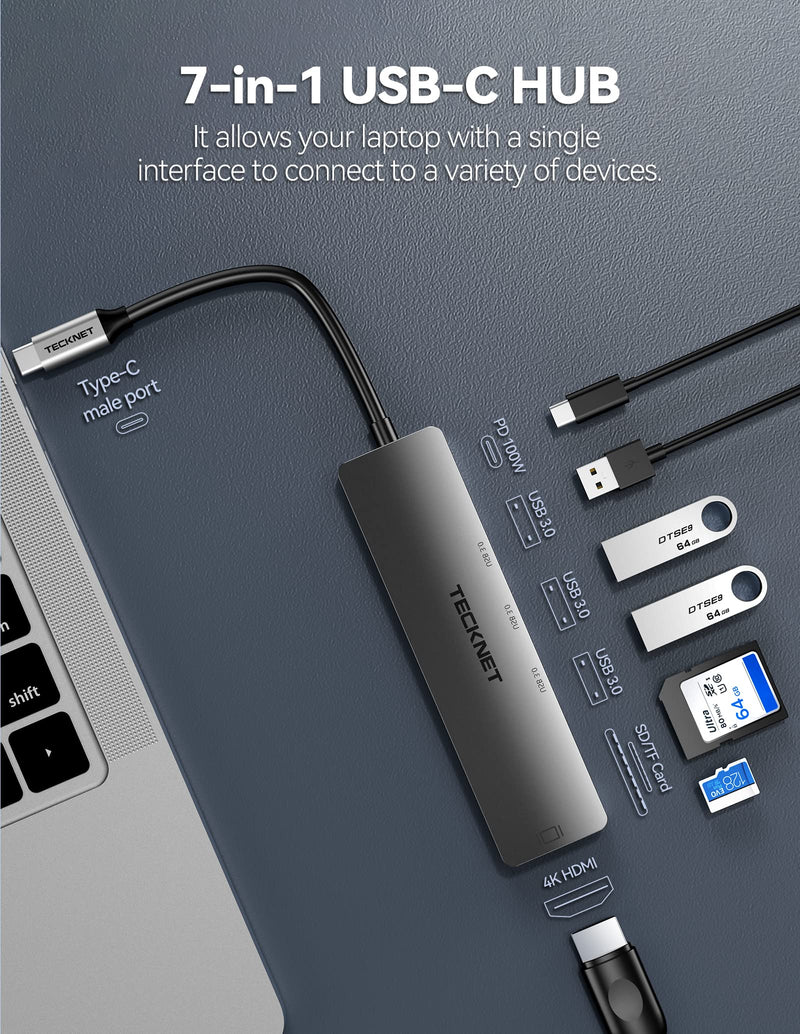 USB C Hub, TECKNET USB C Adapter, 7 IN 1 Multiport Adapter with USB C to HDMI 4K