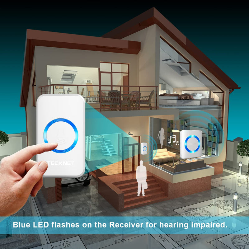 TECKNET Wireless Doorbell, Waterproof, 1300feet / 400m Range, 60 Chimes, 5-Level Volume & Blue Light