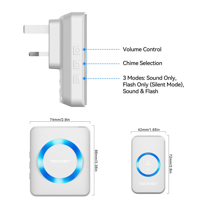 TECKNET Wireless Doorbell, Waterproof, 1300feet / 400m Range, 60 Chimes, 5-Level Volume & Blue Light