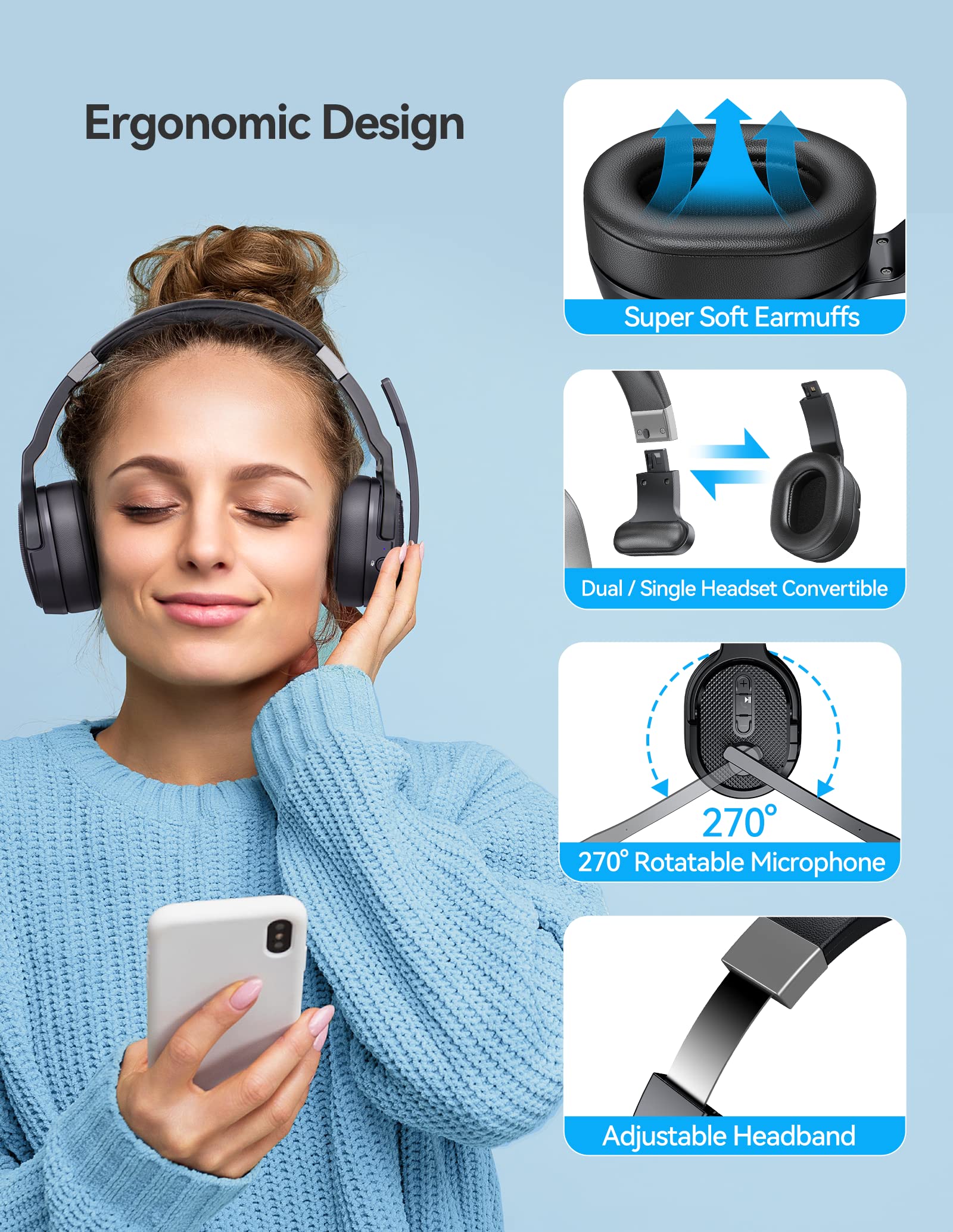 Wireless Headsets with Microphone, TECKNET Bluetooth Headset Over Ear Noise Cancelling with 3 EQ Modes