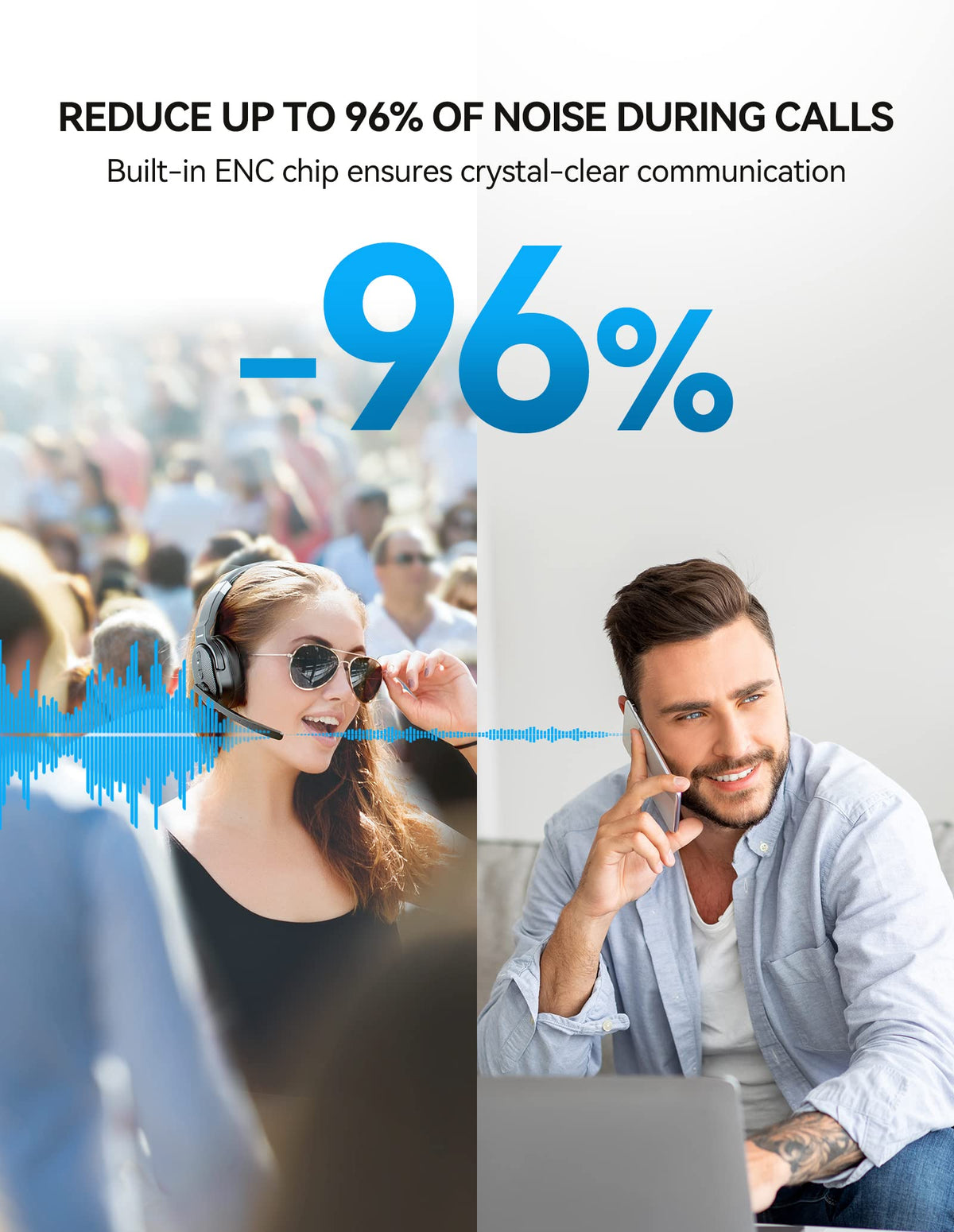 TECKNET Bluetooth Headset with Microphone Over Ear Noise Cancelling