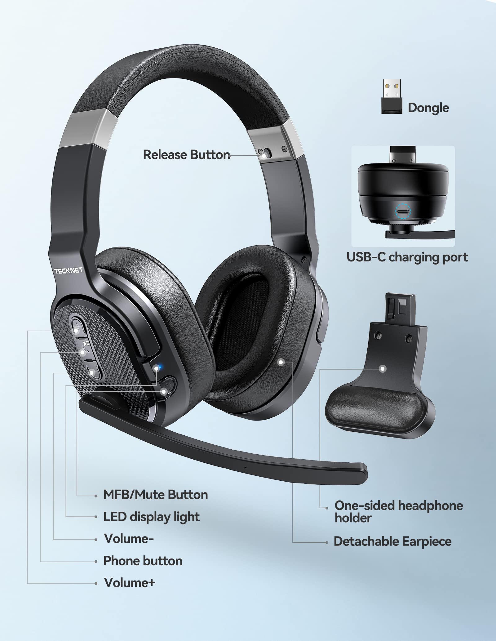 Wireless Headsets with Microphone, TECKNET Bluetooth Headset Over Ear Noise Cancelling with 3 EQ Modes